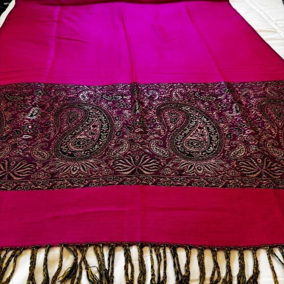 Pashmina Women's Wrap Shawl Scarf 70% Pashmina 30% Silk Magenta Paisley - Picture 8 of 11